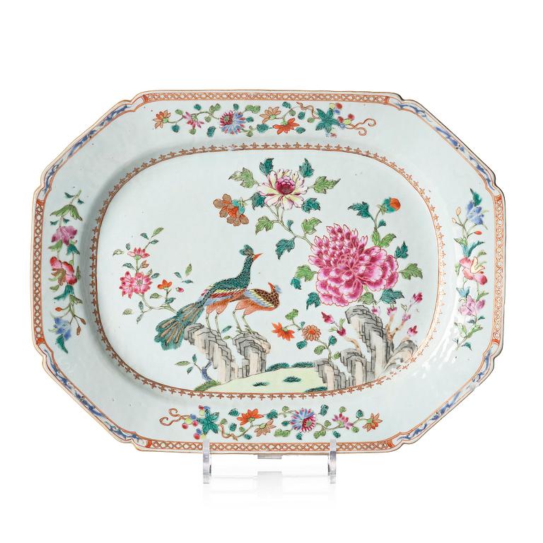 A famille rose 'double peacock' serving dish, Qing dynasty, Qianlong (1736-95).