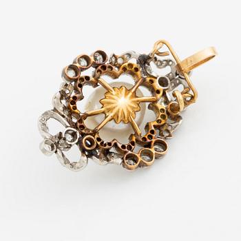 Pendant/brooch, gold with a baroque pearl and old-cut diamonds.