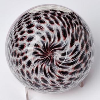 Riccardo Licata, a red glass "lattimo and black wheel murrine" bowl, model 3613, Venini, Murano, Italy, probably 1950's.