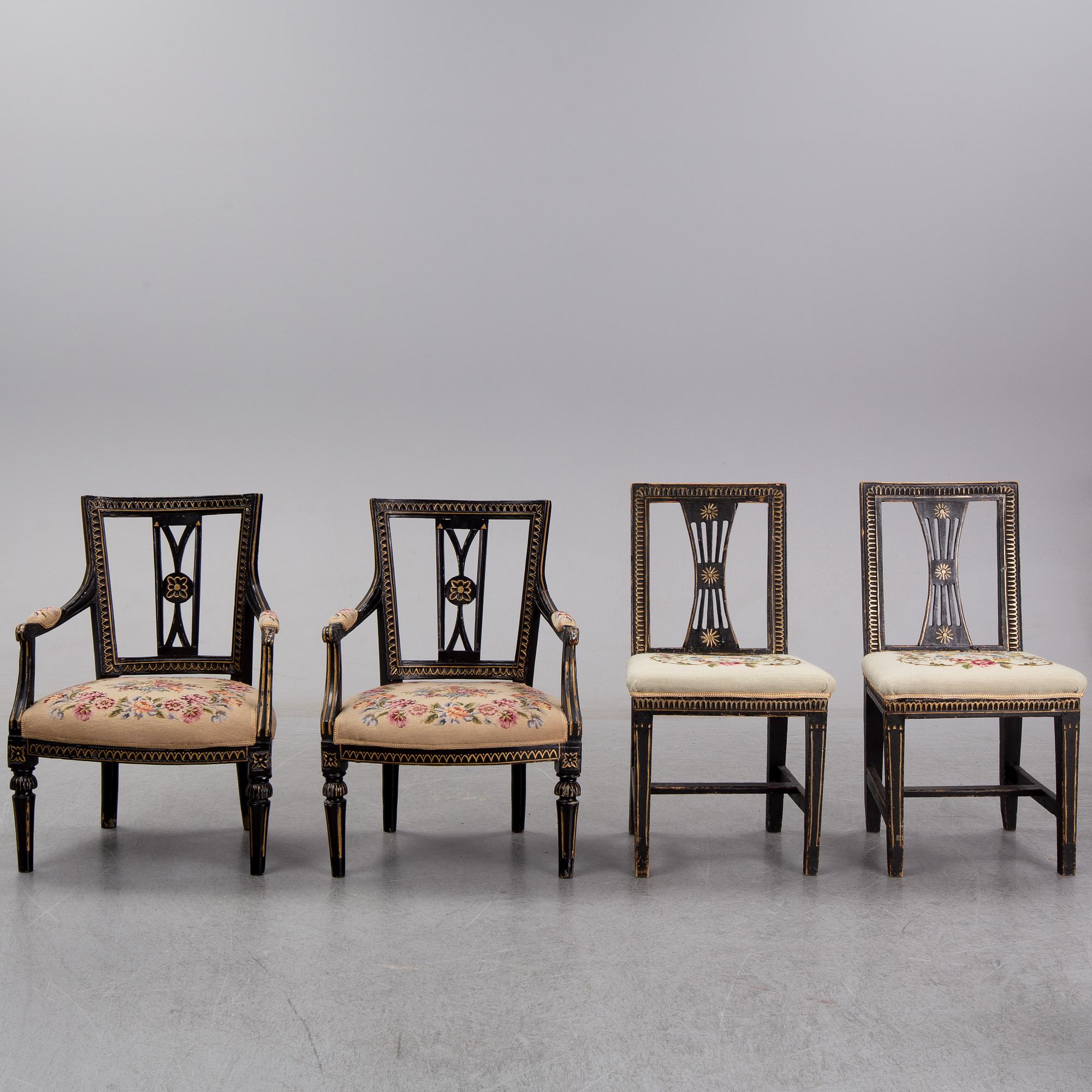 A pair of gustavian armchairs and a pair of gustavian chairs, ca 1800.
