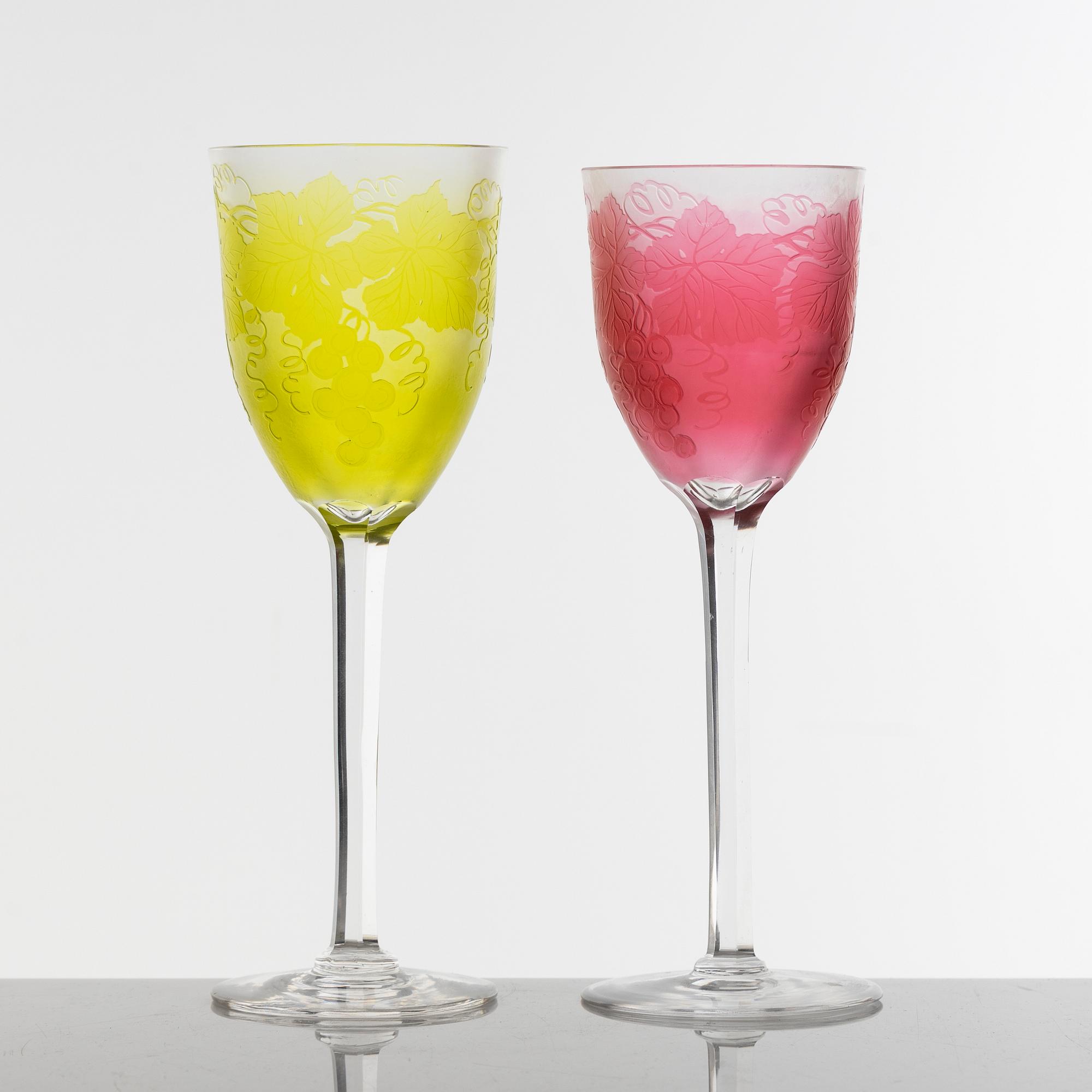 A set of two Art Nouveau cameo glass wine glasses from Orrefors, Sweden ca 1915.