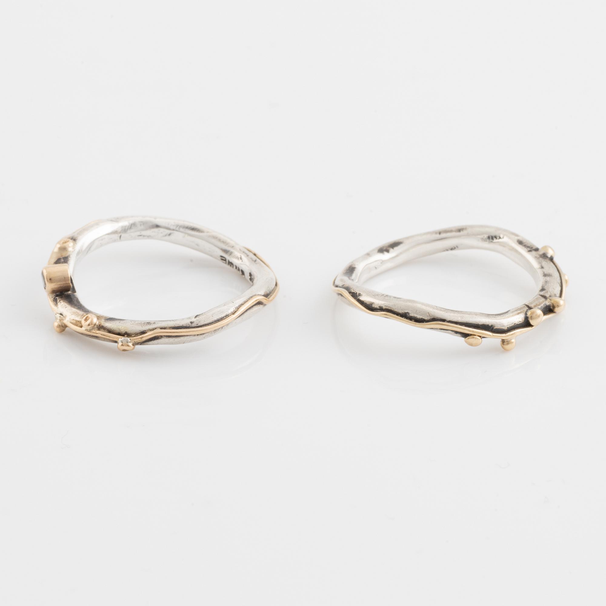 Ringar, By Birdie, två stycken, silver, en med briljantslipad diamant.