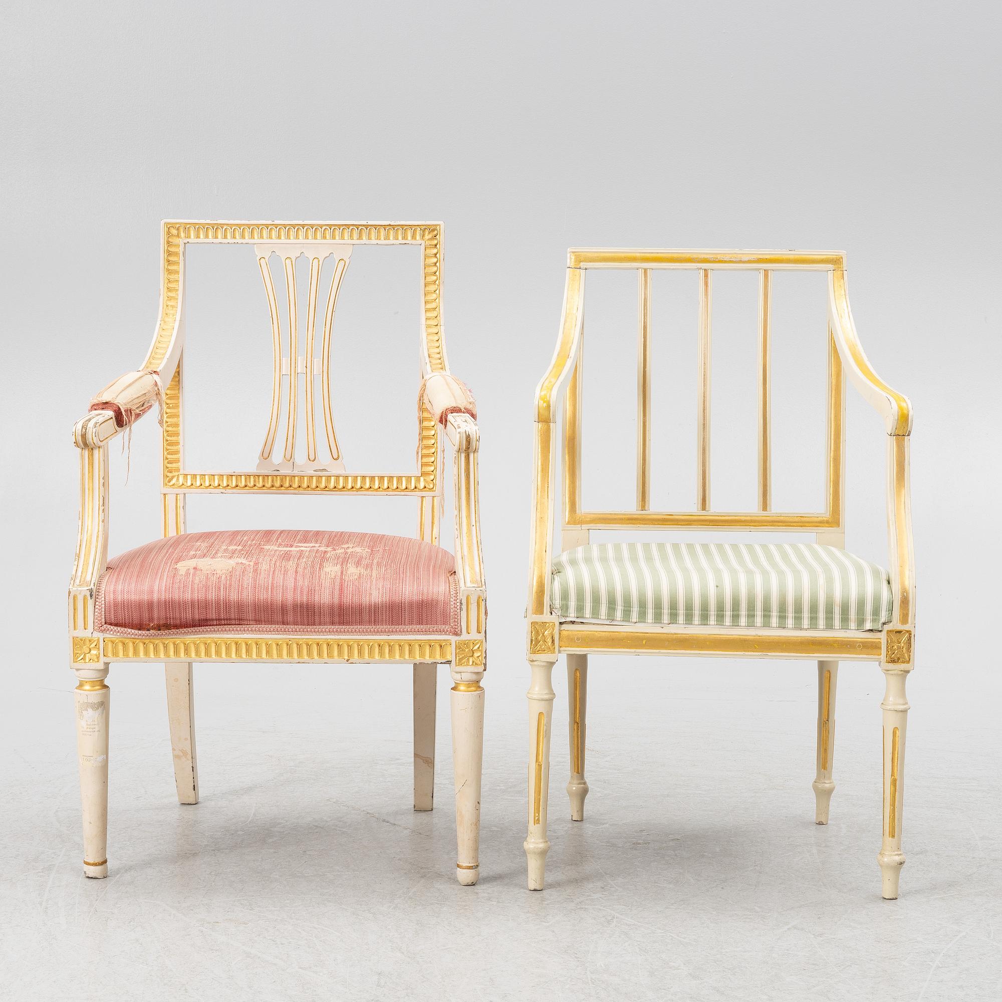 Karmstolar, 2+1 st, sengustavianska, omkring år 1800.