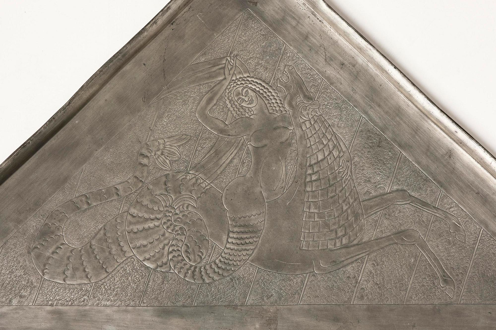 Anna Petrus, a rare pewter and brass tray, executed in her studio, Stockholm, ca. 1922–24.