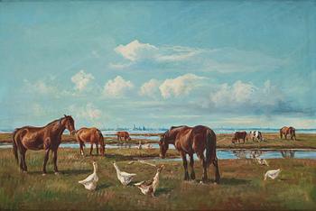 Niels Christiansen, A landscape with horses, cows and geese.