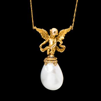 A PENDANT, cultured saltwater pearl, antique cut diamonds, 18K gold.