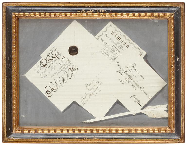 Trompe l´oeil with letters and quill pen.