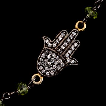 COLLIER, rhodierat sterlingsilver, delvis förgyllt, peridoter, tanzaniter och topaser.