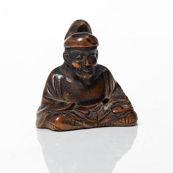 Saltkar / miniatyrer sju stycken, samt netsuke, delvis silver och buxbom, Japan, delvis Meiji (1868-1912).