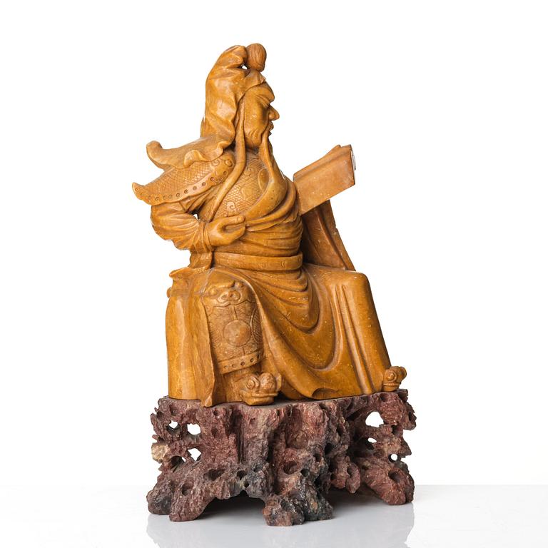 A Chinese Soapstone sculpture of the warrior god Guandi, Qing dynasty, 19th Century.