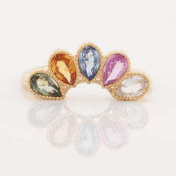 Pear shaped multicoloured sapphire ring.