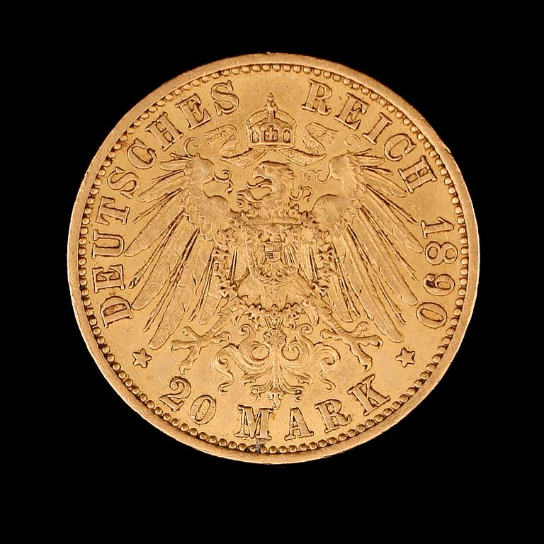 GULDMYNT, 20 mark, Wilhelm II, Tyskland 1890. Vikt ca 8 gram.