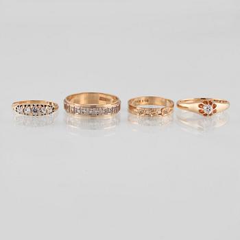 RINGAR, 4 st, 18K guld med briljant och åttkantslipade diamanter respektive vita stenar. Vikt 9,5 gram.
