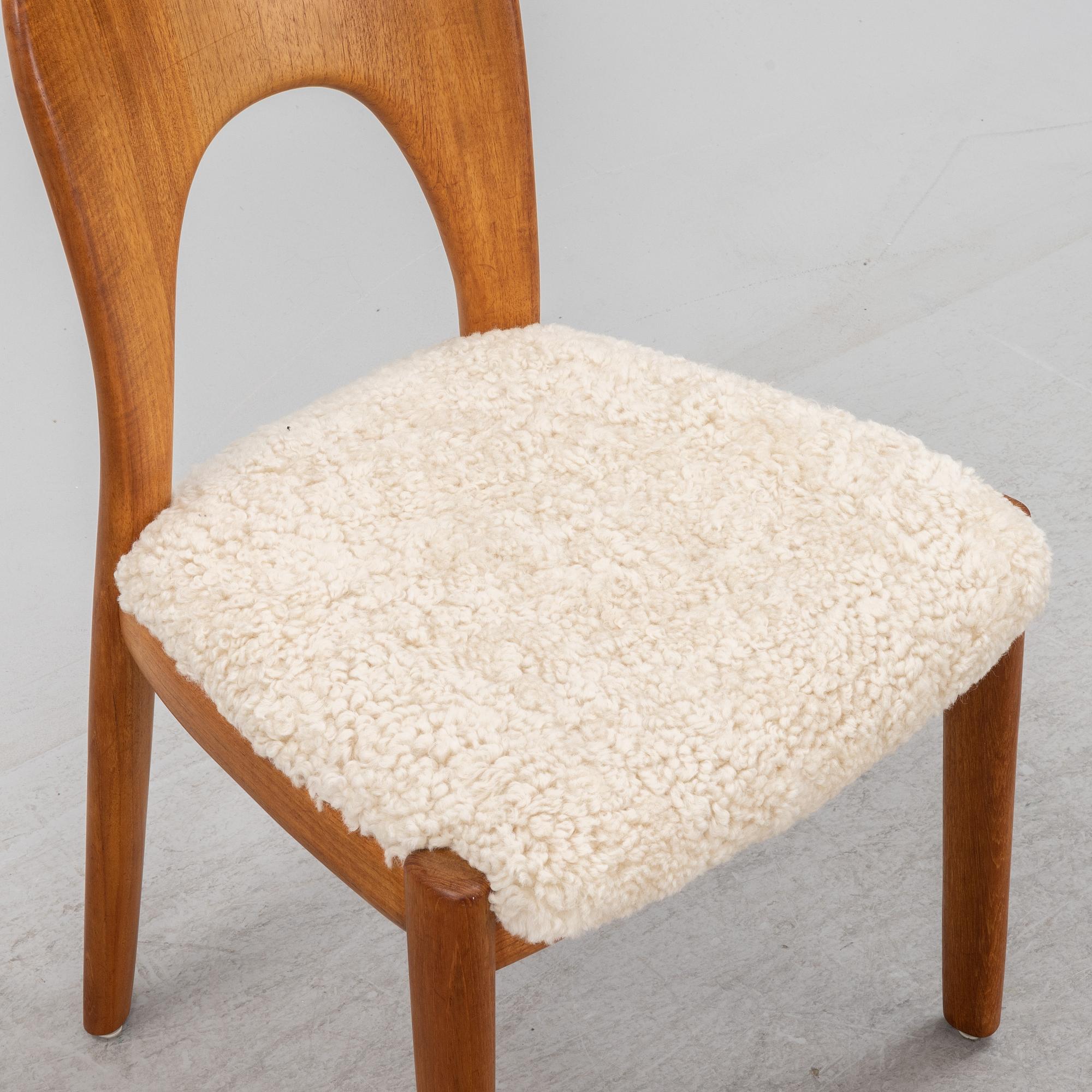 A set of six teak dining chairs upholstered in new sheep skin by Niels Koefoed, Denmark, 1960's.