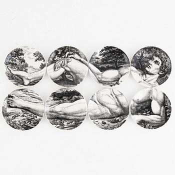 Piero Fornasetti, glasunderlägg, 8 st, "Adamo ed Eva",flintgods, Milano, Italien, 1965.