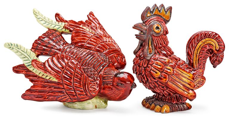 Two Gunnar Nylund stoneware figures, a rooster and a bird, Rörstrand.