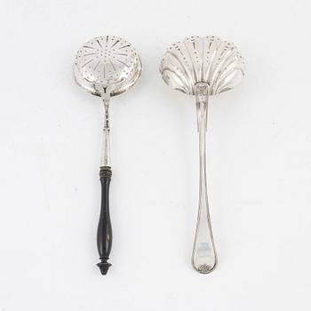 Two Swedish Silver Sprinkle Spoons and Two Dishes.