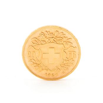 Gold coin 20 francs 1927 Switzerland.