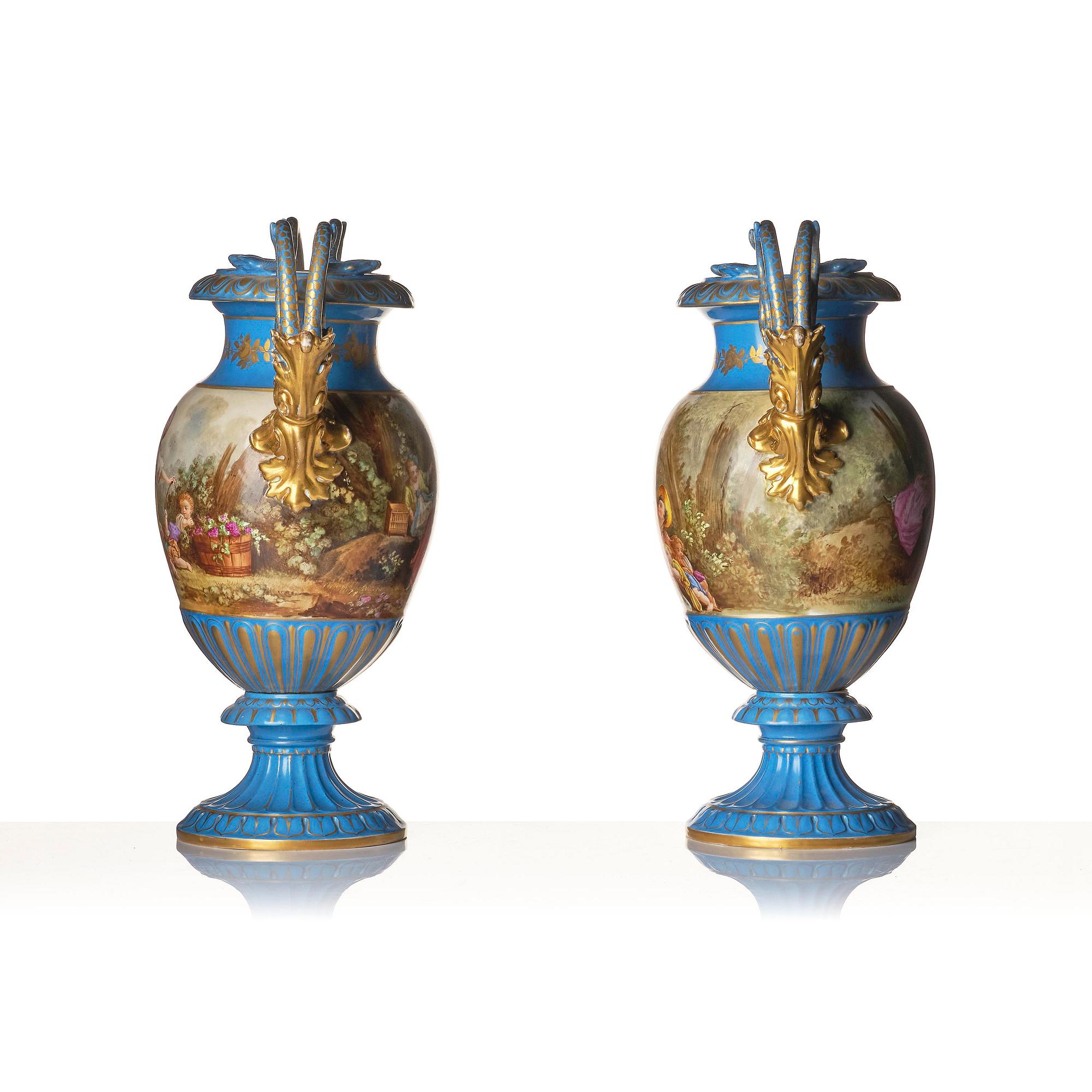 A pair of large porcelain urns, Sèvres like mark, around 1900.