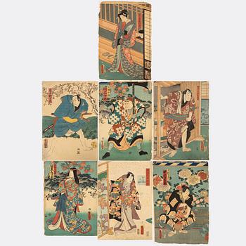 Utagawa Kunisada, a set of seven colour woodblock prints, 19th Century.