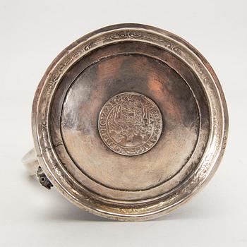 A German 18th century parcel-gilt silver coin-tankard, mark of Johann Friedrich Beyer, Schweidnitz (1736-1775).