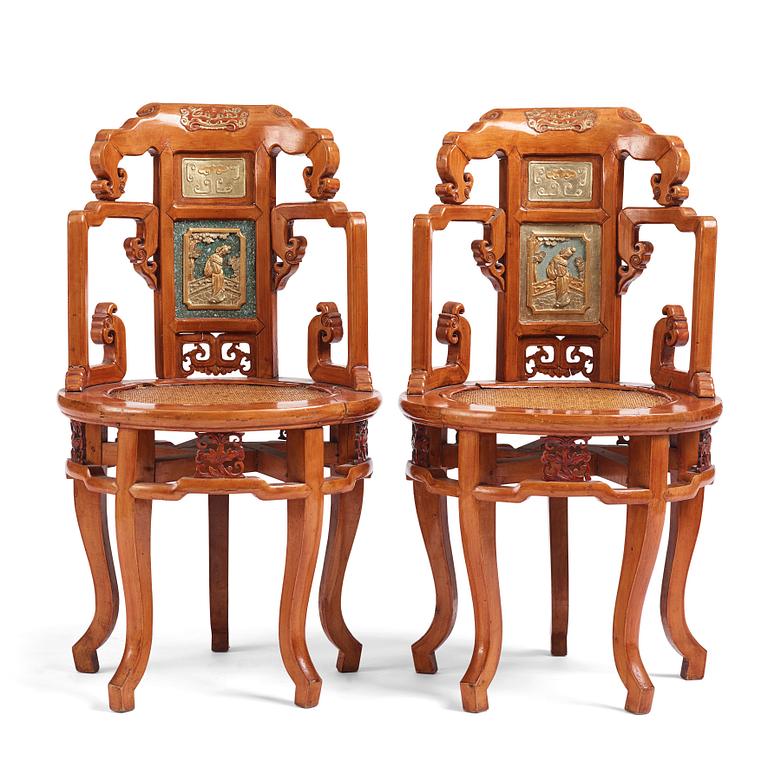 A pair of hardwood chairs,  Qing dynasty, 19th Century. Seal mark to reverse of back.