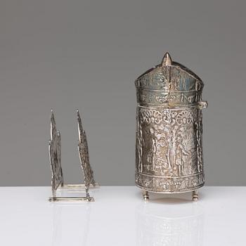 A Dutch late 19th century silver jar and napkin-holder. An ash-tray, Birmingham 1902.