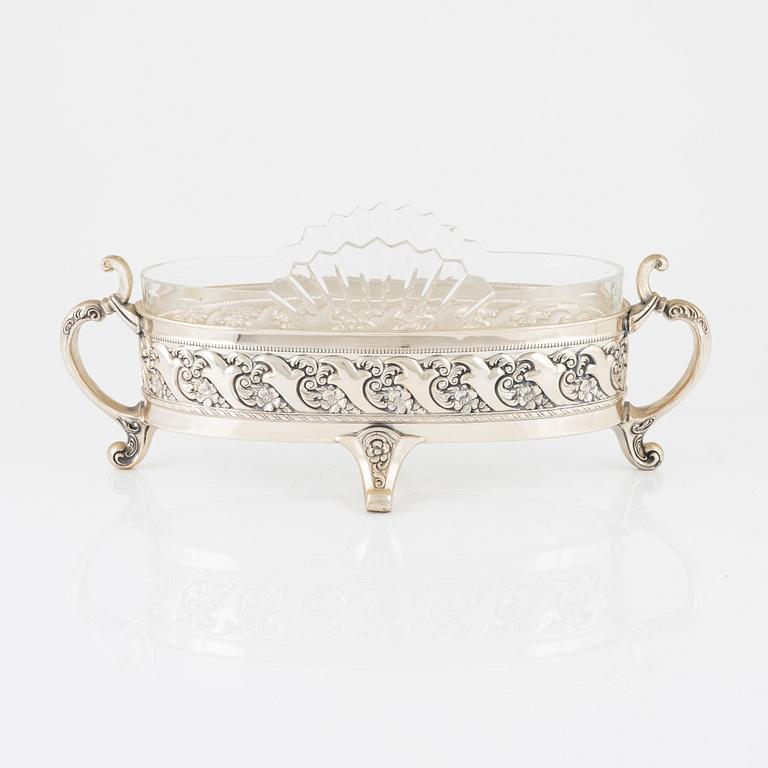 A silver plate and glass jardinière, Denmark, first half of the 20th century.