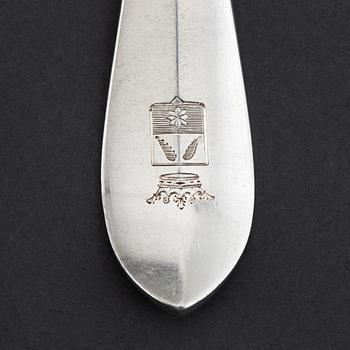 Gustaf Möllenborg, matgafflar, 4 st, silver, med graverat vapen von Eckermann. Stockholm 1912.
