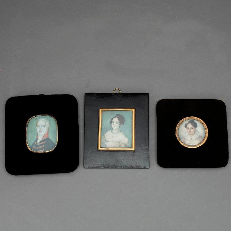 MINIATYRMÅLNINGAR, 3 st, gouache på ben, 1800-tal.