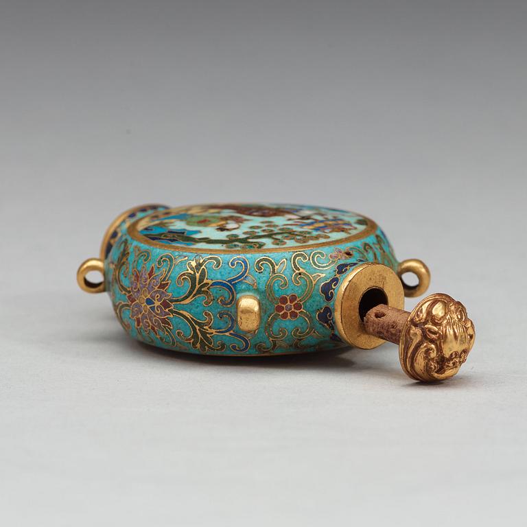 A cloisonné snuff bottle with stopper, presumably late Qing dynasty.