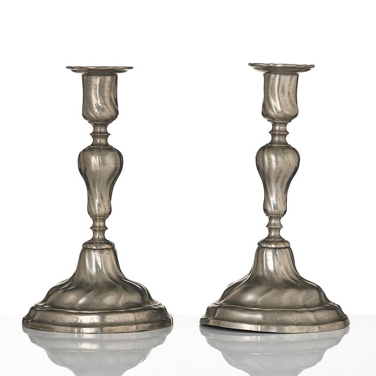 A pair of rococo pewter candlesticks, mark of Johan Bruhn, Västervik 1782.
