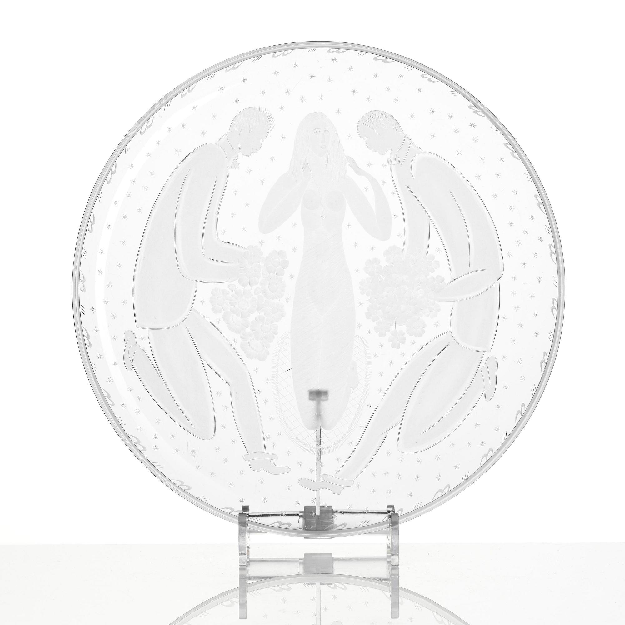 Edward Hald, "Rivalerna", an engraved glass tray, Orrefors, Sweden, ca. 1920.
