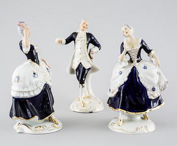 Three porcelian figurines partly from Royal Dux, mid 20th century.