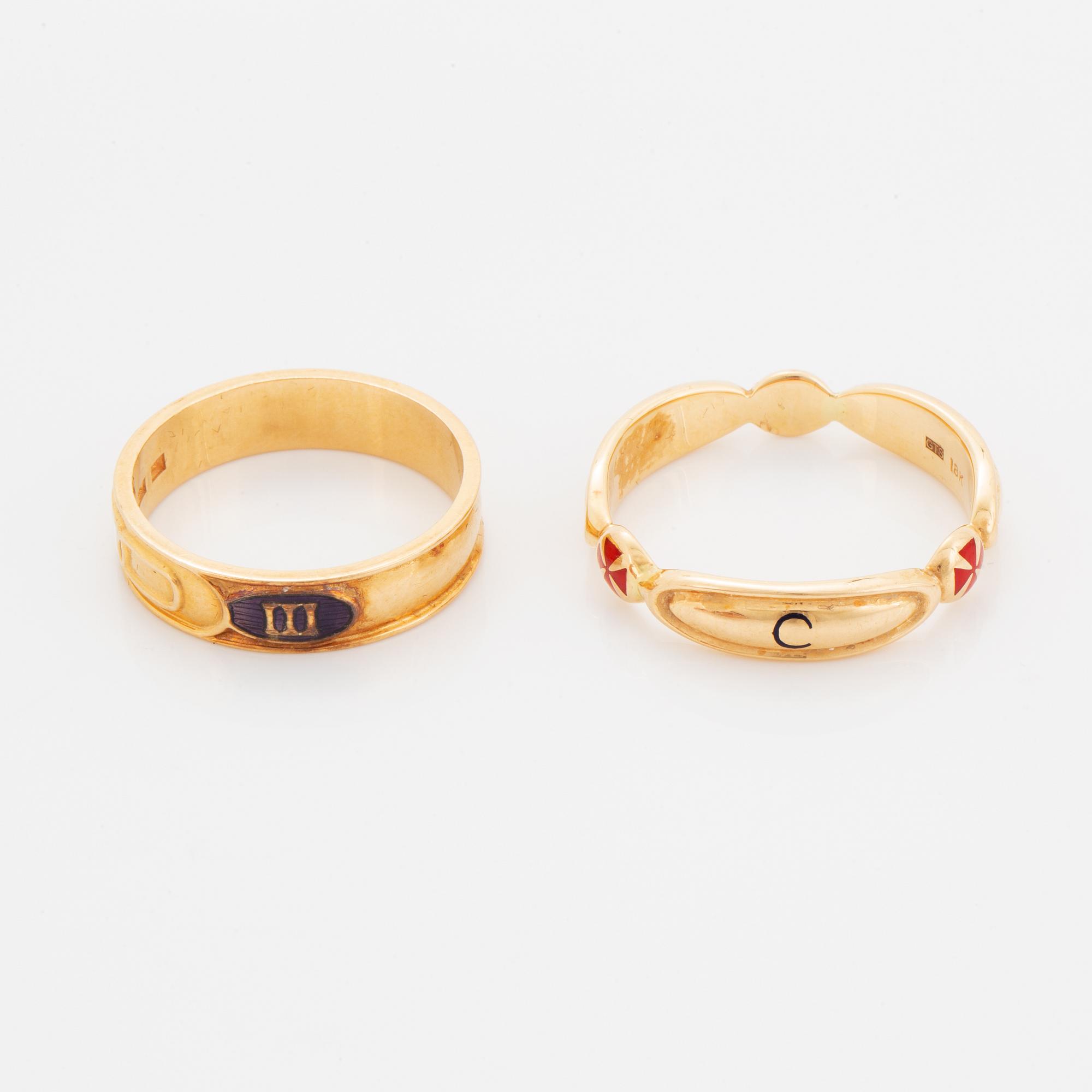 Two rings, 18K gold and enamel.