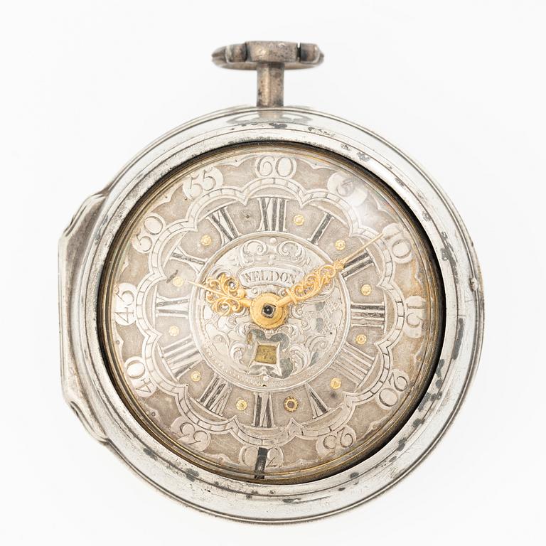 A double-case silver pocket watch by Sam Weldon (watchmaker in London, fl. ca 1740-80).
