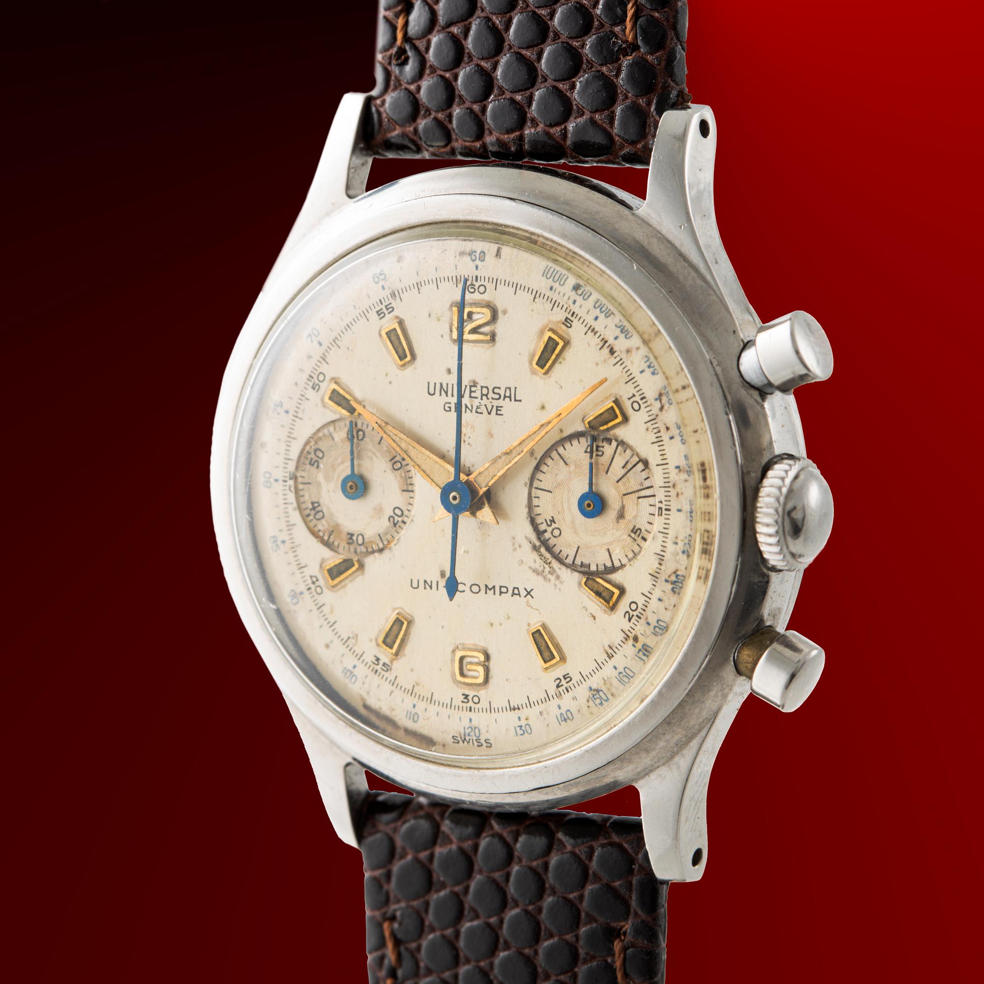 Universal Genève, Uni-Compax, chronograph, wristwatch, 35 mm.