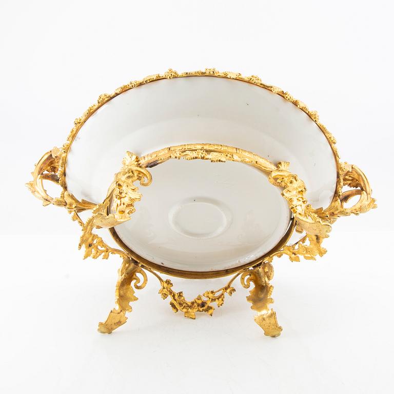 Footed Bowl in Louis XV Style, Likely France, Late 19th Century, Porcelain and Bronze.