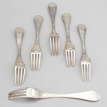 GAFFLAR 6 stycken, silver, bland annat Jonas Troselius, Stockholm, 1802. Vikt ca 386 gram.