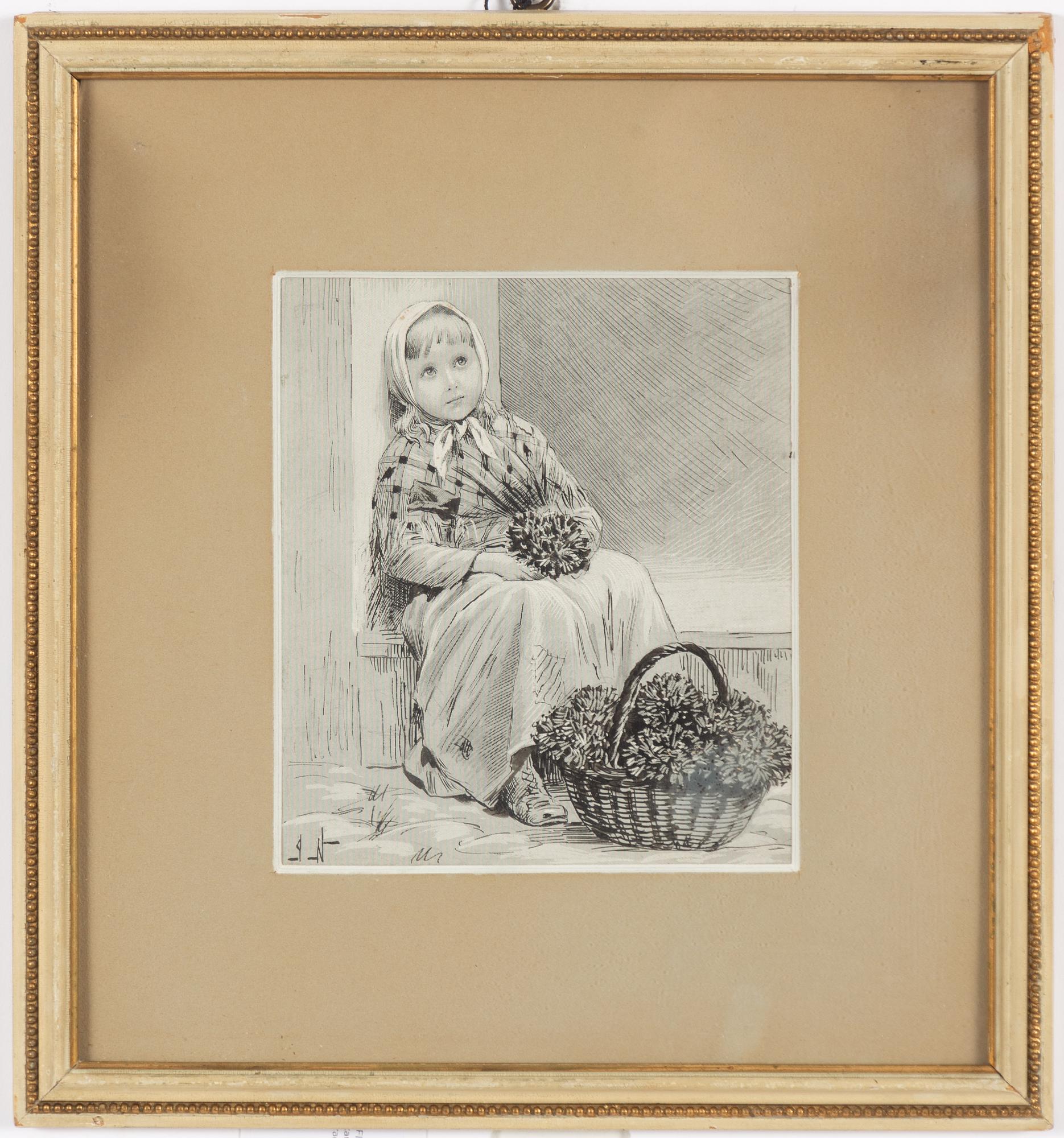 Jenny Nyström, Flicka med blommor, skrapkartong och tusch, monogramsignerad.