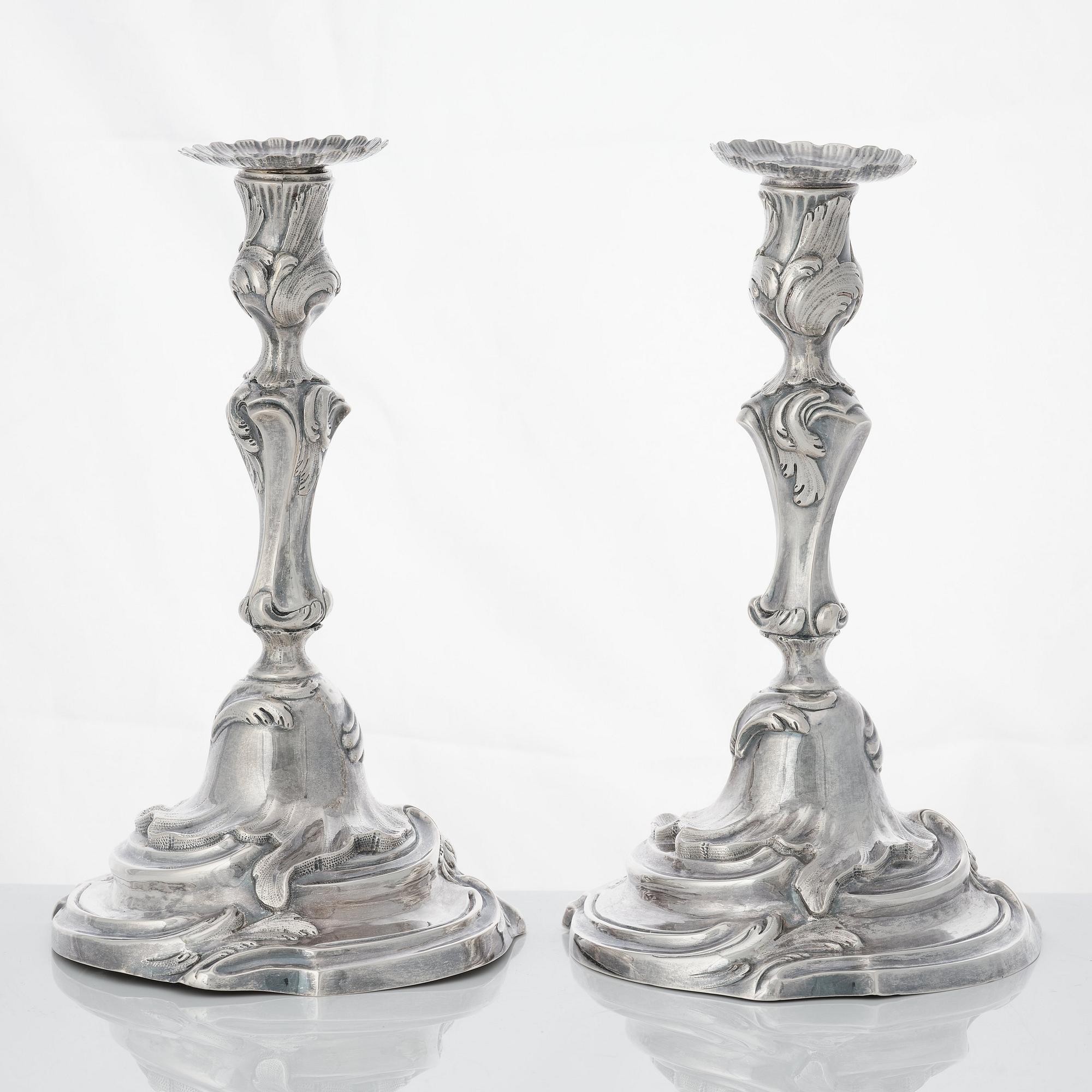 Arvid Floberg, ljusstakar, 4 st, lika, silver, Stockholm 1768 och 1779. Rokoko.