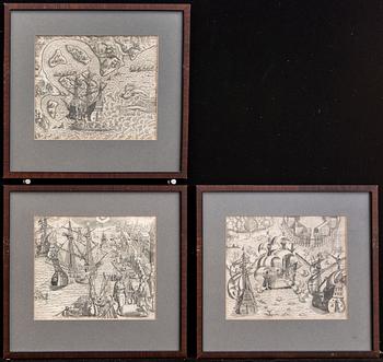 Theodore de Bry, three engravings including Brazil, 1590's.