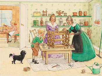94. Elsa Beskow, Tant Grön och Petter tillverkar en bokhylla i julklapp åt Farbror Blå.