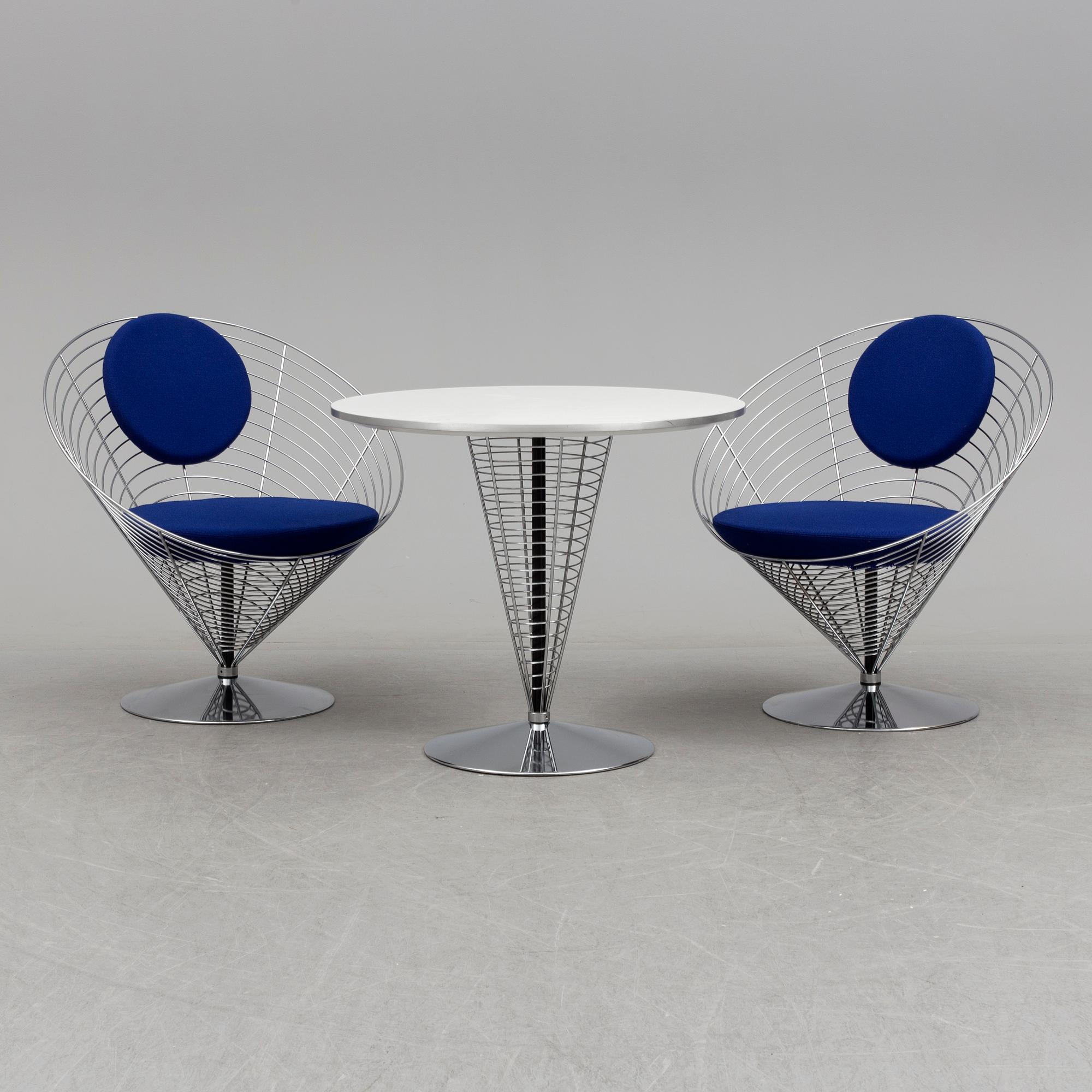 VERNER PANTON, PHILIPPE STARCK,  a set of two "Wire Cone" chairs and a table Fritz Hansen, late 20th century.
