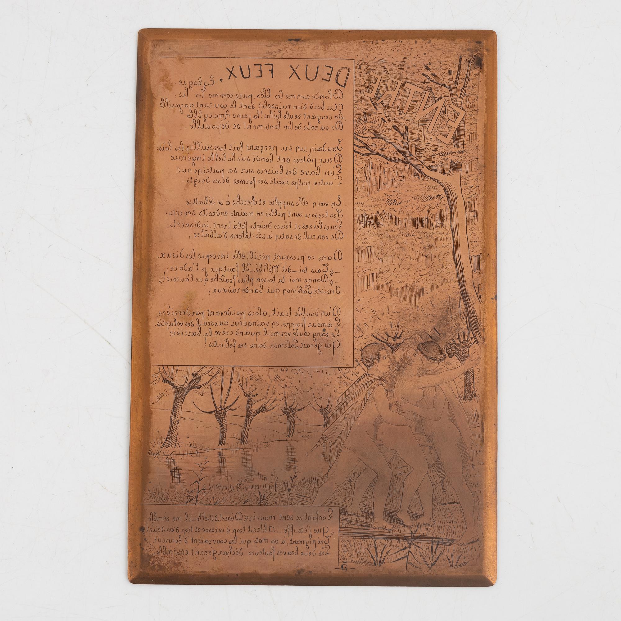 Six copper printing plates, France, 19th century.