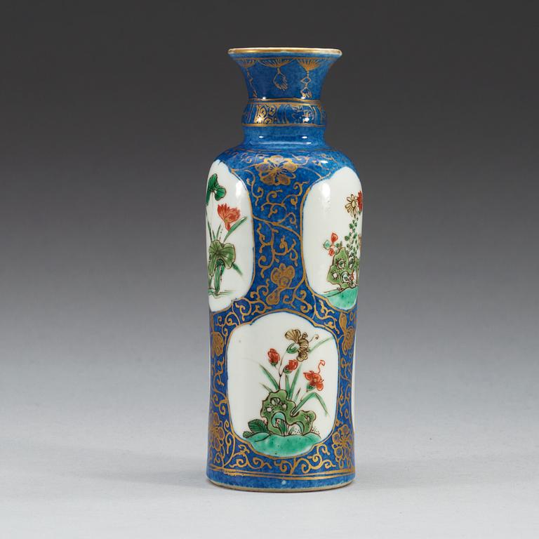 A powder blue ground vase with gilding and 'famille-verte' enamels within reserves, Qing dynasty, Kangxi (1622-1722).