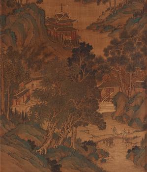 982. Bergslandskap med pagoder och figurstaffage invid flod.