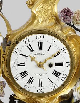 A French Louis XV 18th century table clock. Dial face marked "GOSSELIN A PARIS", clockwork marked "AUDINET A PARIS". The bronze marked with C couronné.