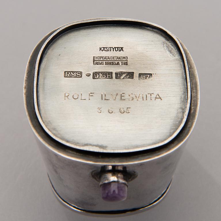a silver bowl and a beaker with amethyst decor, mark of Reijo Sirkeoja, Hopeataidetakomo, Tampere Finland 1964-65.