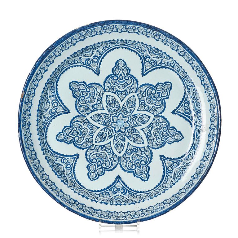 A large French faience dish, Rouen, 18th Century.